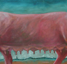 Schweinebauch, mit langen Zitzen, blauer Himmel, gemalt mit Ölfarben
